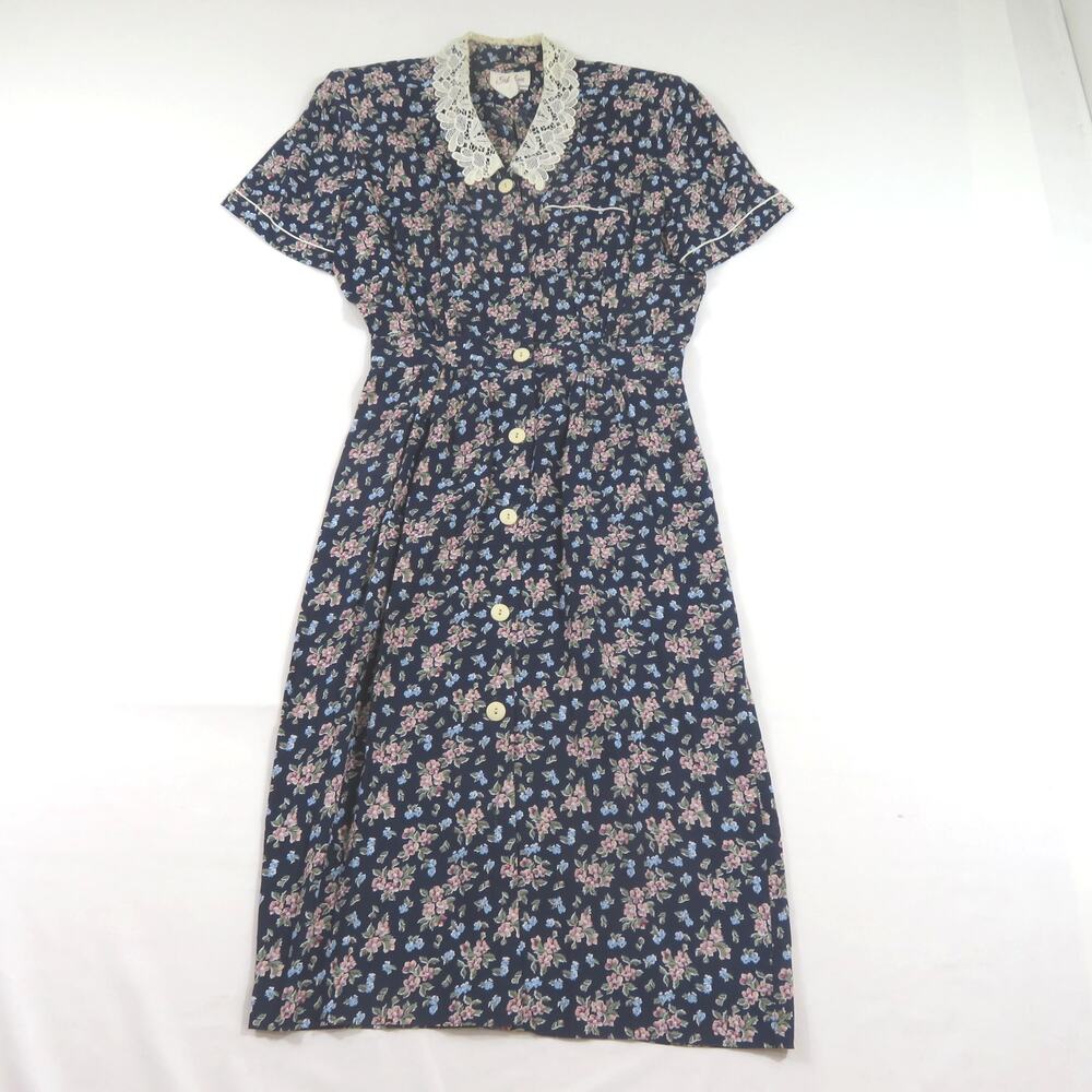 Ambria Floral Rayon Dress Navy Blue Pink Short Sleeve Lace Trim Sz 12 P